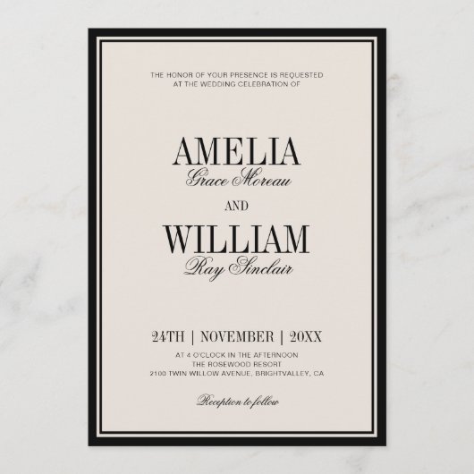 Old Money Classy Timeless Black Cream Wedding 招待状 (正面)