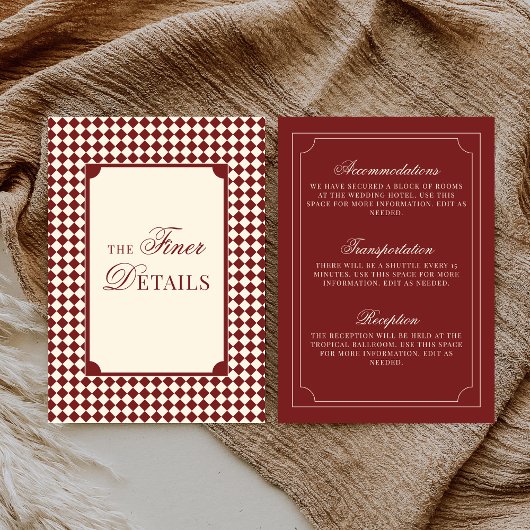 Old Money Deep Red Ivory Checkered Wedding Details エンクロージャーカード