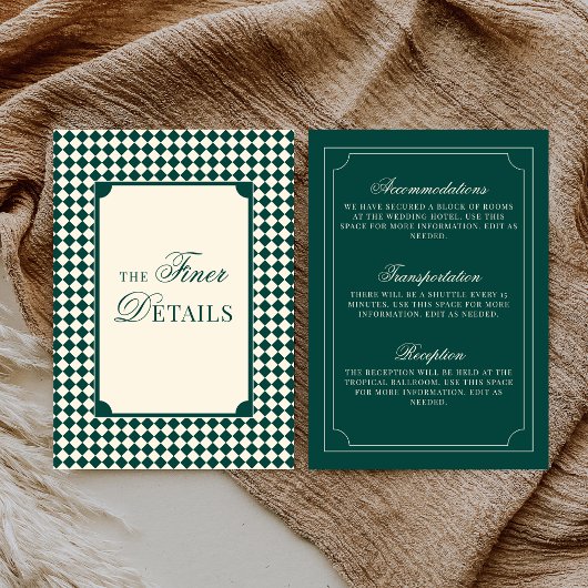 Old Money Emerald Ivory Checkered Wedding Details エンクロージャーカード