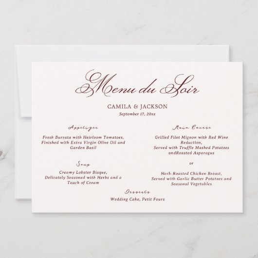 Old Money Ivory & Burgundy Wedding Menu Card 招待状 (正面)