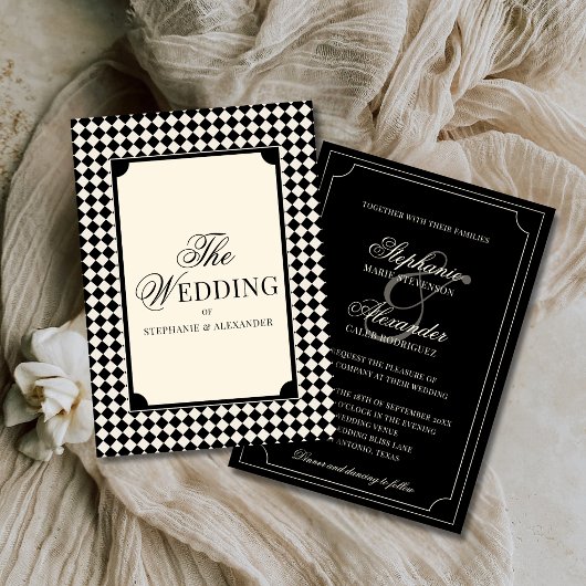 Old Money Luxury Black & Ivory Checkered Wedding 招待状