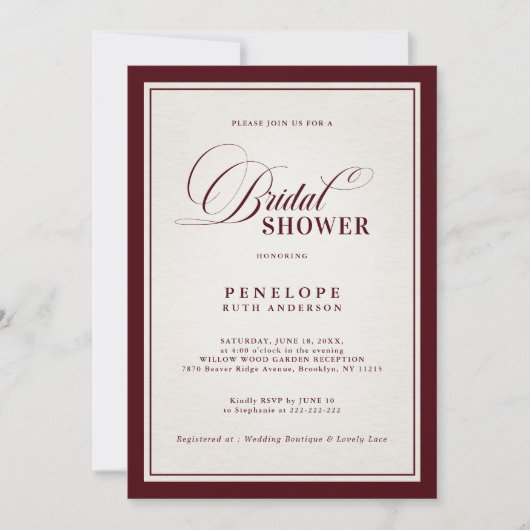 Old Money Modern Formal Burgundy Bridal Shower 招待状 (正面)