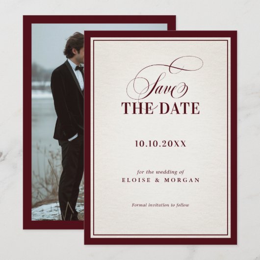 Old Money Modern Formal Burgundy Luxury Wedding セーブザデート (正面/裏面)