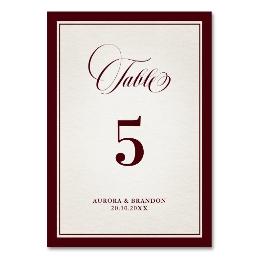 Old Money Modern Formal Burgundy Luxury Wedding テーブルナンバー (正面)