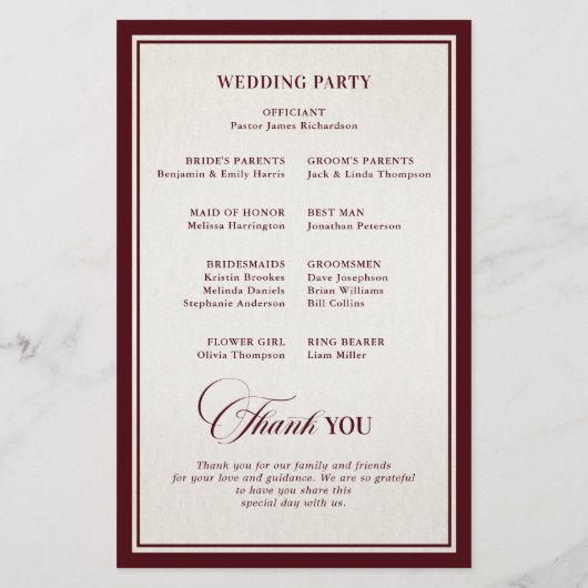 Old Money Modern Formal Burgundy Wedding Program (裏面)