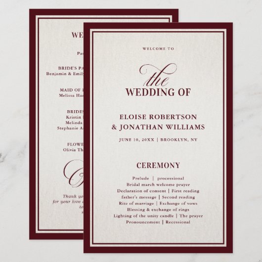 Old Money Modern Formal Burgundy Wedding Program (正面/裏面)