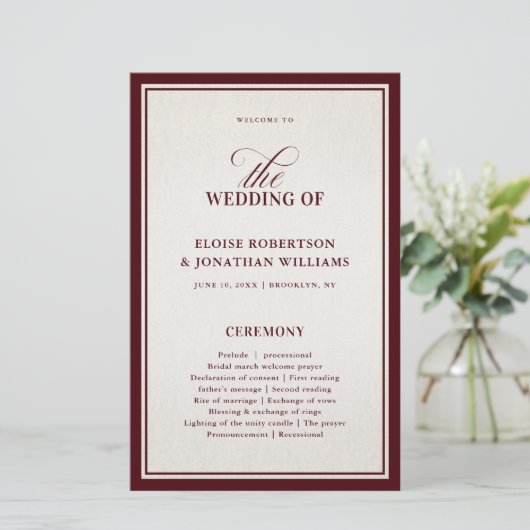 Old Money Modern Formal Burgundy Wedding Program (スタンド正面)
