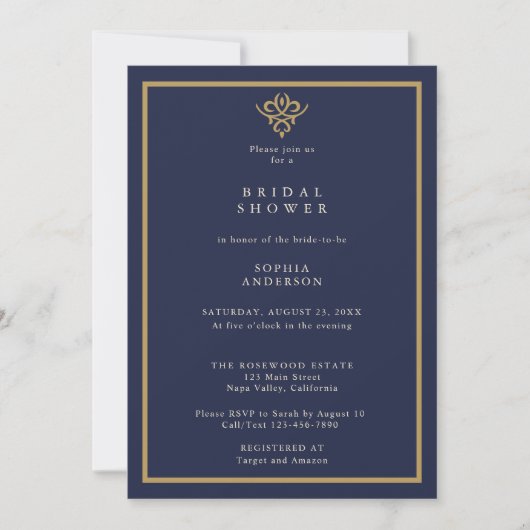 Old Money Navy Blue  Bridal Shower Invitation 招待状 (正面)
