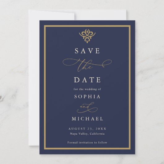 Old Money Navy Blue Save The Date Invitation セーブザデート (正面)