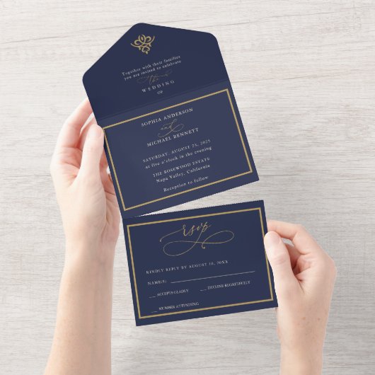 Old Money Navy Blue Wedding All In One Invitation オールインワン招待状 (貼ってはがせる)