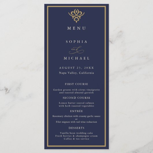 Old Money Navy Blue Wedding Flat Menu メニュー (正面)