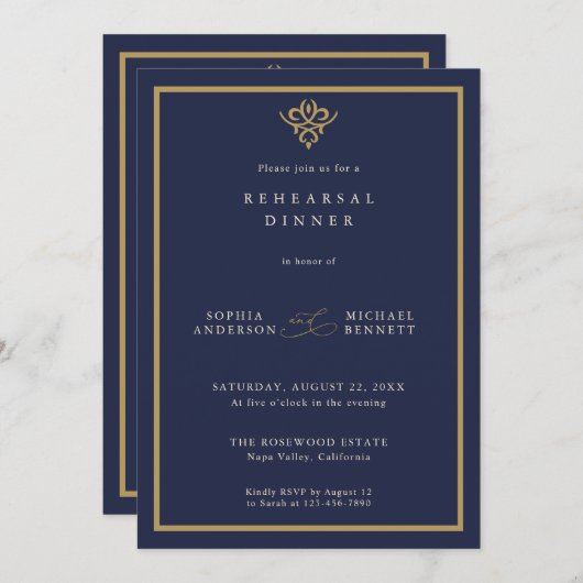 Old Money Navy Blue Wedding Rehearsal Dinner  招待状 (正面/裏面)