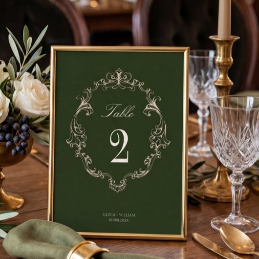 Old Money Olive Green Elegant Monogram Wedding  テーブルナンバー