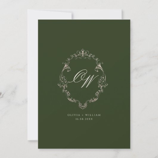 Old Money Olive Green Elegant Monogram Wedding 招待状 (正面)