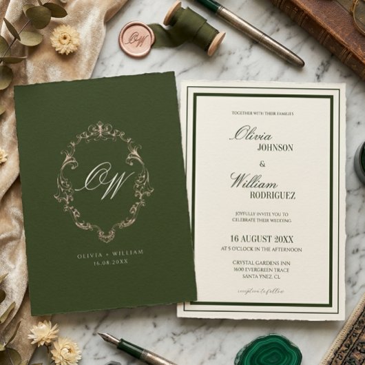 Old Money Olive Green Elegant Monogram Wedding 招待状