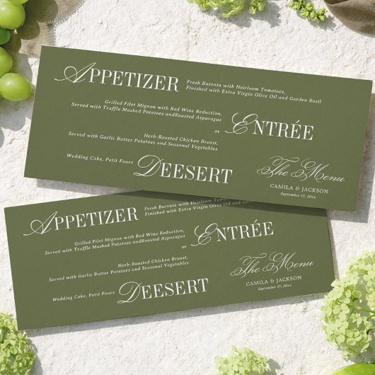 Old Money Olive Green Wedding Menu Card 招待状
