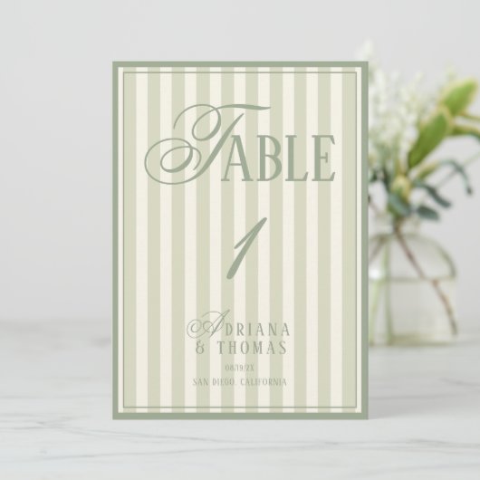 Old Money Pastel Green Wedding Table Number 招待状 (スタンド正面)