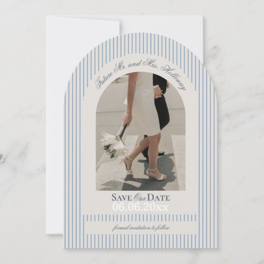 Old Money Script Blue Stripe Photo Save the Date 招待状 (正面)