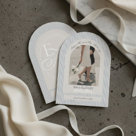 Old Money Script Blue Stripe Photo Save the Date 招待状