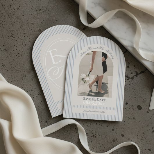 Old Money Script Blue Stripe Photo Save the Date 招待状