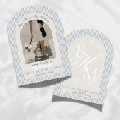 Old Money Script Blue Stripe Photo Save the Date 招待状