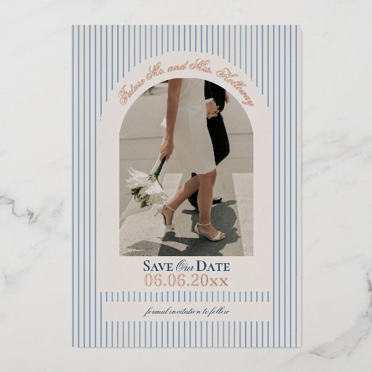 Old Money Script Blue Stripe Photo Save the Date 箔招待状 (正面)