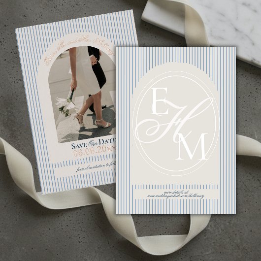 Old Money Script Blue Stripe Photo Save the Date 箔招待状