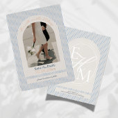 Old Money Script Blue Stripe Photo Save the Date 箔招待状