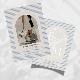 Old Money Script Blue Stripe Photo Save the Date 箔招待状