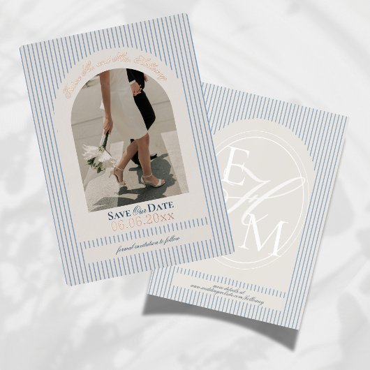 Old Money Script Blue Stripe Photo Save the Date 箔招待状