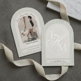 Old Money Script Green Stripe Photo Save the Date 招待状