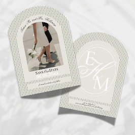 Old Money Script Green Stripe Photo Save the Date 招待状