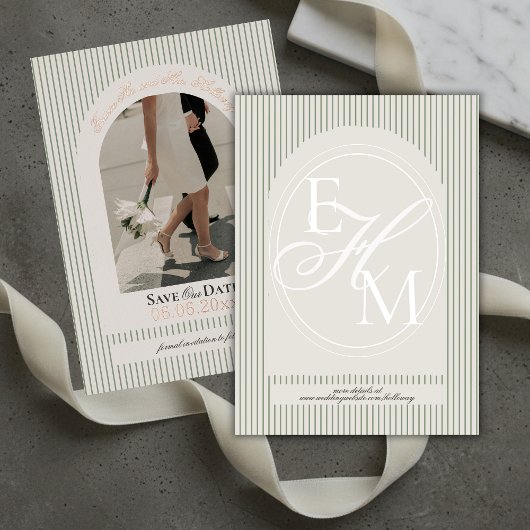 Old Money Script Green Stripe Photo Save the Date 箔招待状