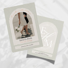 Old Money Script Green Stripe Photo Save the Date 箔招待状