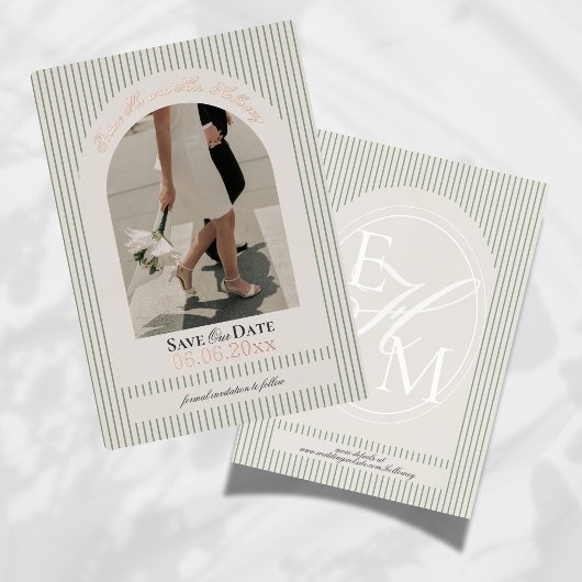 Old Money Script Green Stripe Photo Save the Date 箔招待状