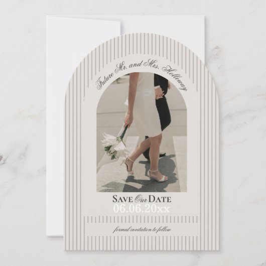 Old Money Script Mauve Stripe Photo Save the Date 招待状 (正面)