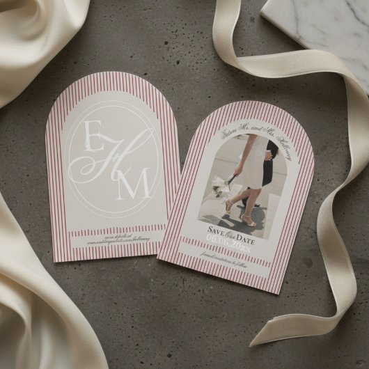 Old Money Script Red Stripe Photo Save the Date 招待状