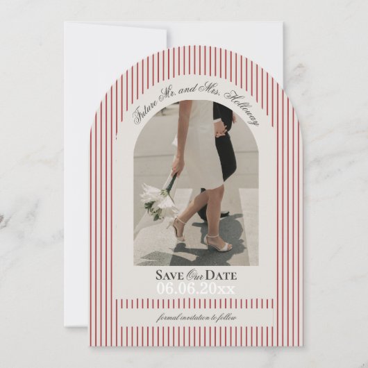 Old Money Script Red Stripe Photo Save the Date 招待状 (正面)