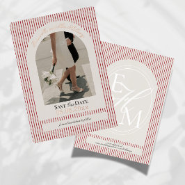 Old Money Script Red Stripe Photo Save the Date 箔招待状
