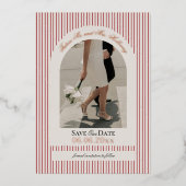 Old Money Script Red Stripe Photo Save the Date 箔招待状 (正面)
