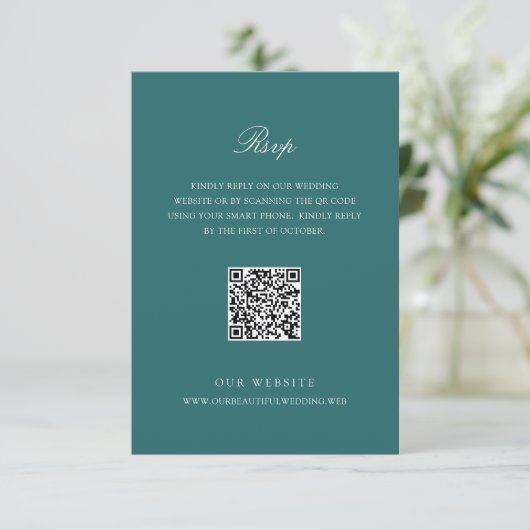 Old Money Teal Classic QR Code Wedding 出欠カード (スタンド正面)