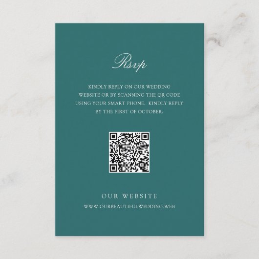 Old Money Teal Classic QR Code Wedding 出欠カード (正面)