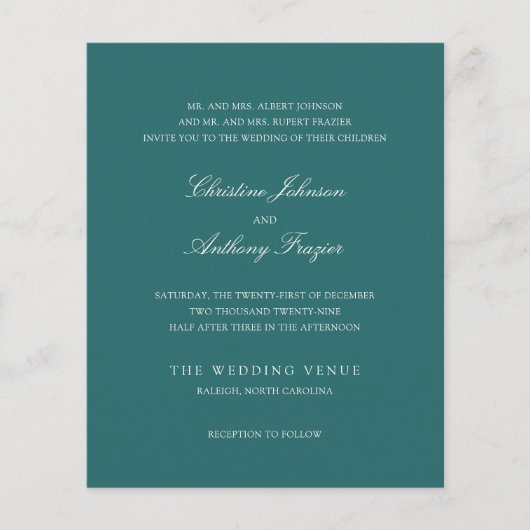 Old Money Teal Classic Wedding Invite チラシ (正面)
