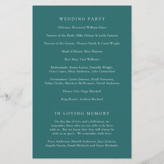 Old Money Teal Classic Wedding Program (裏面)