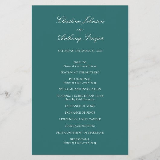 Old Money Teal Classic Wedding Program チラシ (正面)