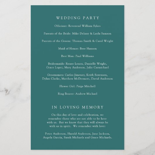 Old Money Teal Classic Wedding Program チラシ (裏面)
