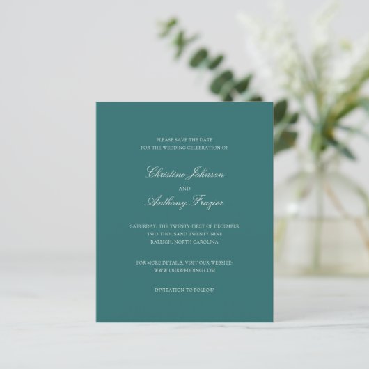 Old Money Teal Classic Wedding Save the Date (スタンド正面)