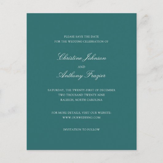 Old Money Teal Classic Wedding Save the Date チラシ (正面)
