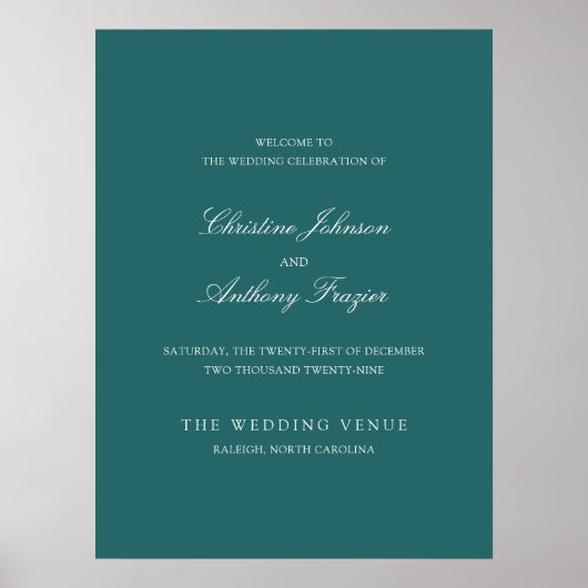 Old Money Teal Classic Wedding Welcome Sign ポスター (正面)