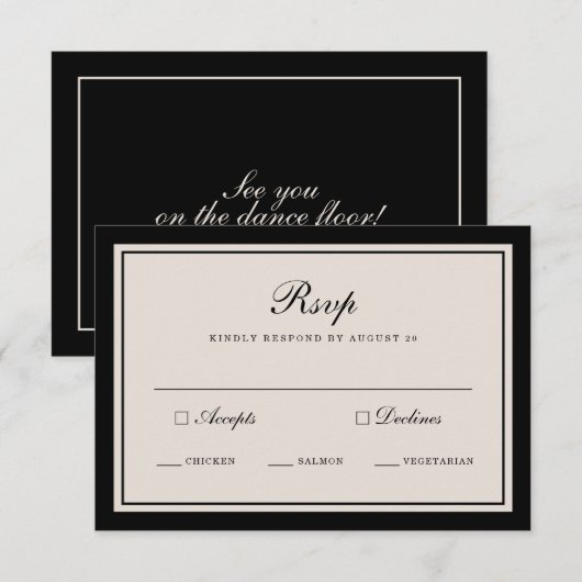 Old Money Wedding Classic Black RSVP Card エンクロージャーカード (正面/裏面)